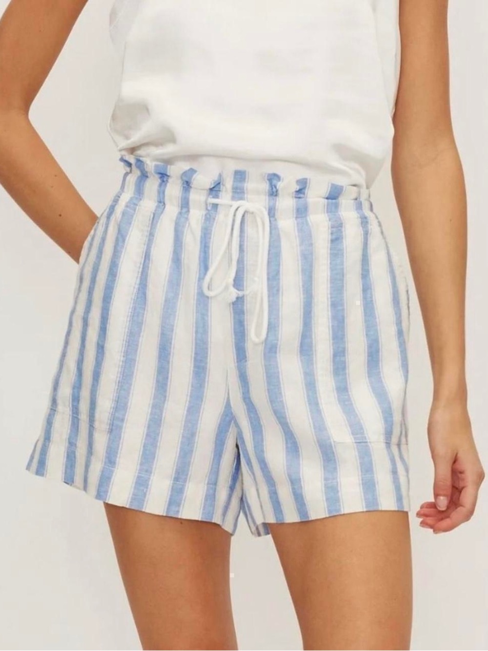 Melissa Nepton Henry Striped Linen Blend Ruffle Paperbag Shorts Blue White L